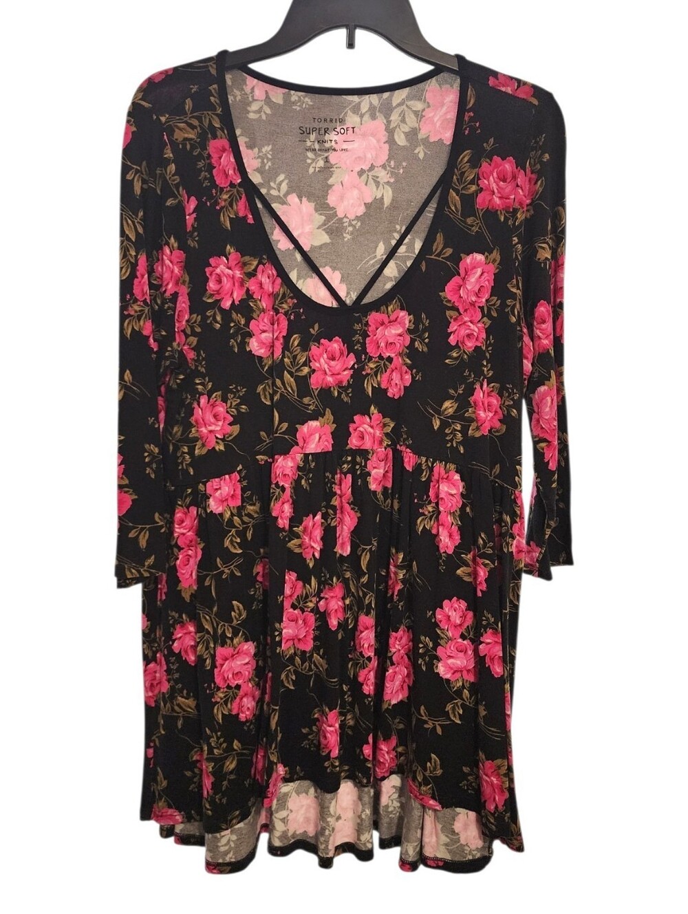 Torrid Super Soft Knits Black Floral Babydoll Top, Size 1X
